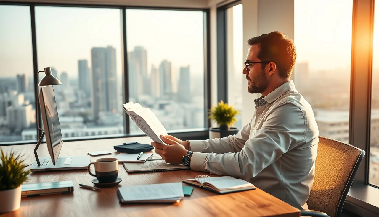 Analyst reviewing AI brand recommendation data printouts at a desk at dawn