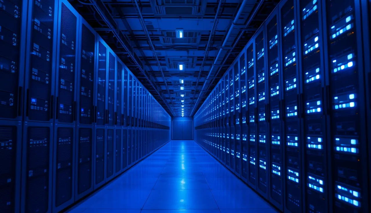 Server racks in a data center corridor representing Perplexity knowledge update infrastructure