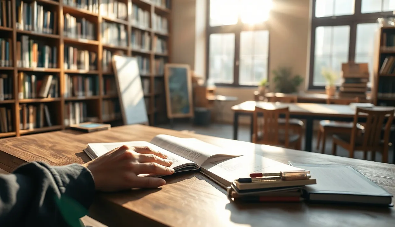 Researcher reviewing printed AI search citation results at a sunlit library desk