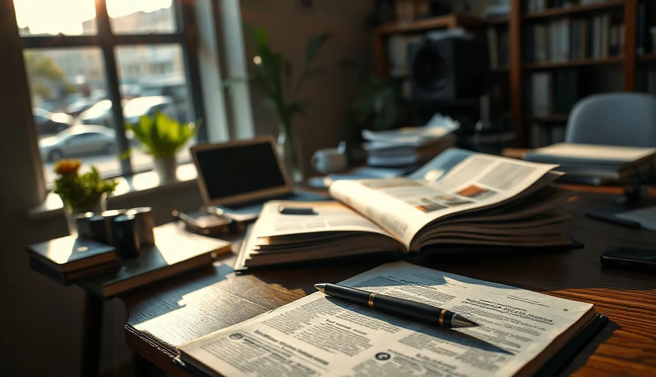Journalist's desk with printed pages and notebook in afternoon newsroom light