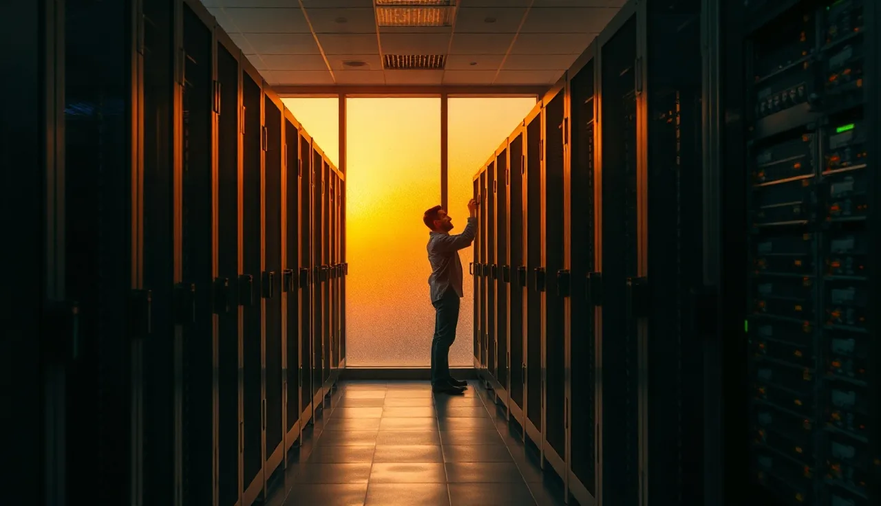 Technician checking server rack connections in a dimly lit data center