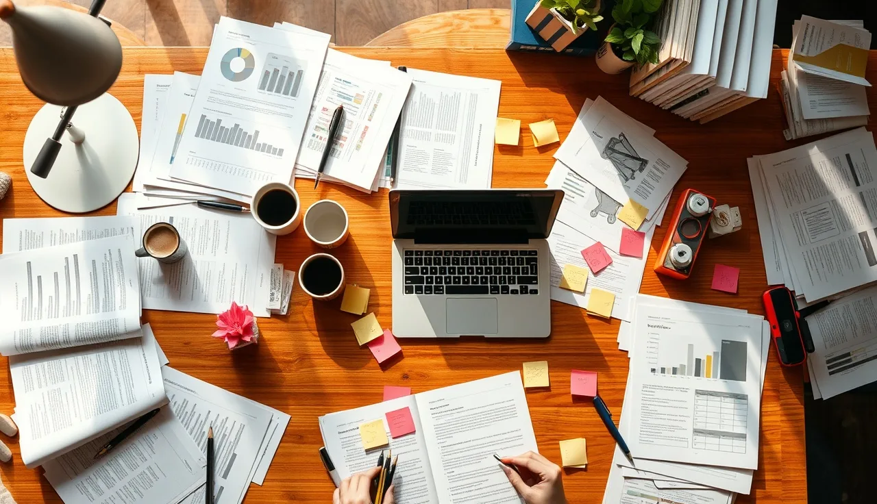 Overhead view of a marketing desk with reports and laptop, representing social proof analysis
