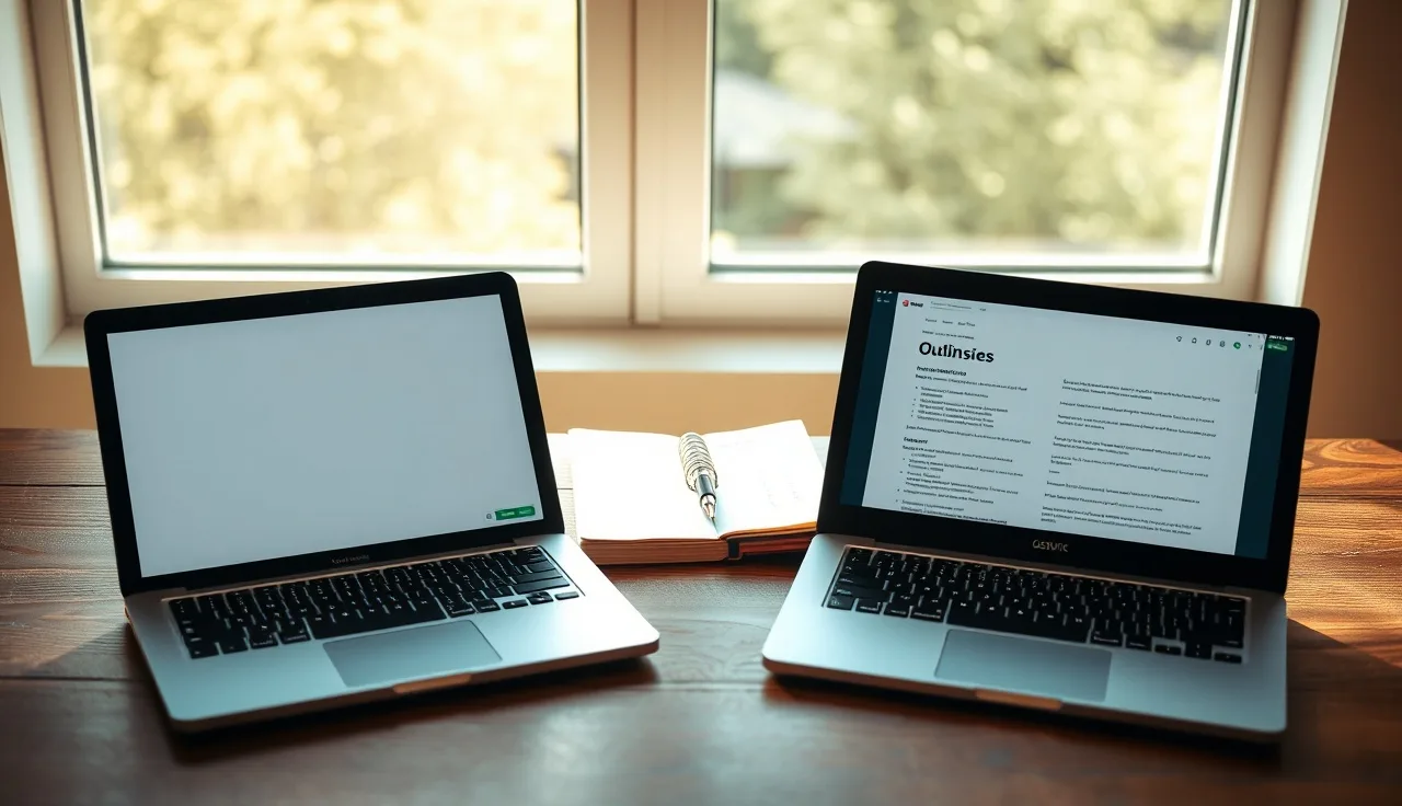 Two laptops on a desk showing different content versions being compared for AI testing