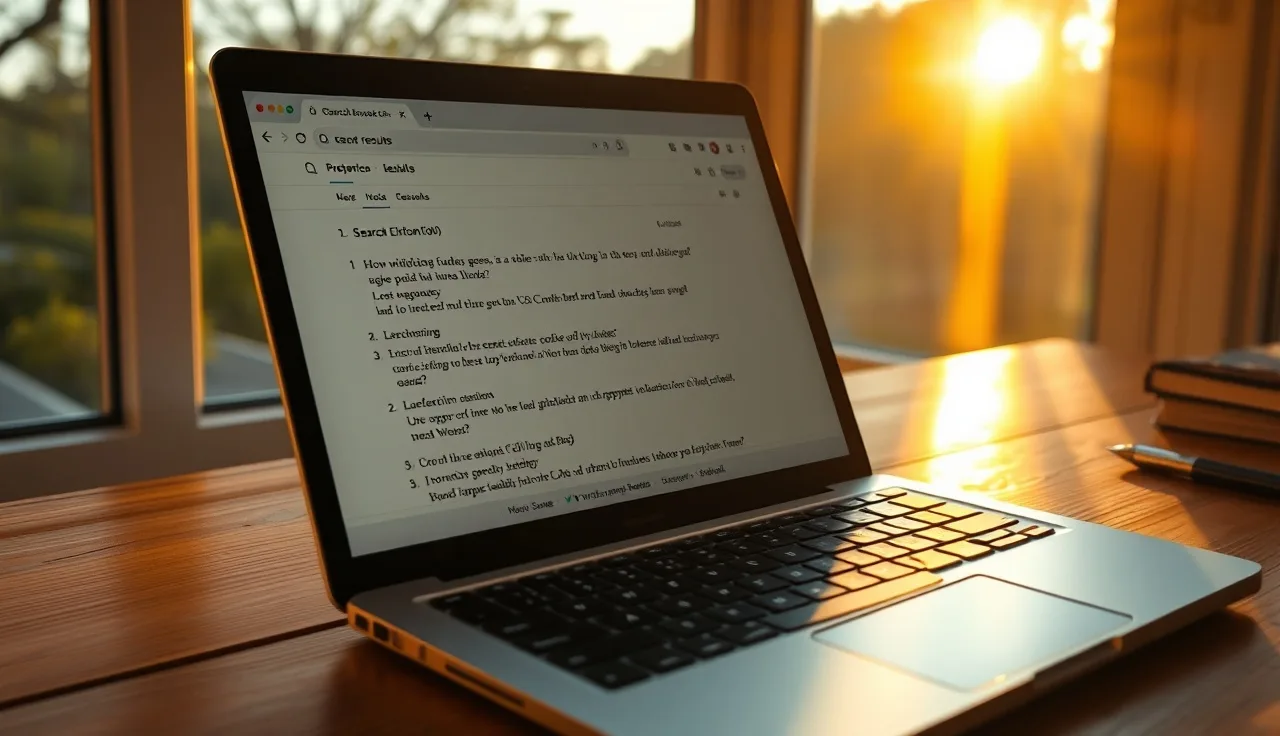 Laptop on desk showing Perplexity AI search citations panel in warm evening light