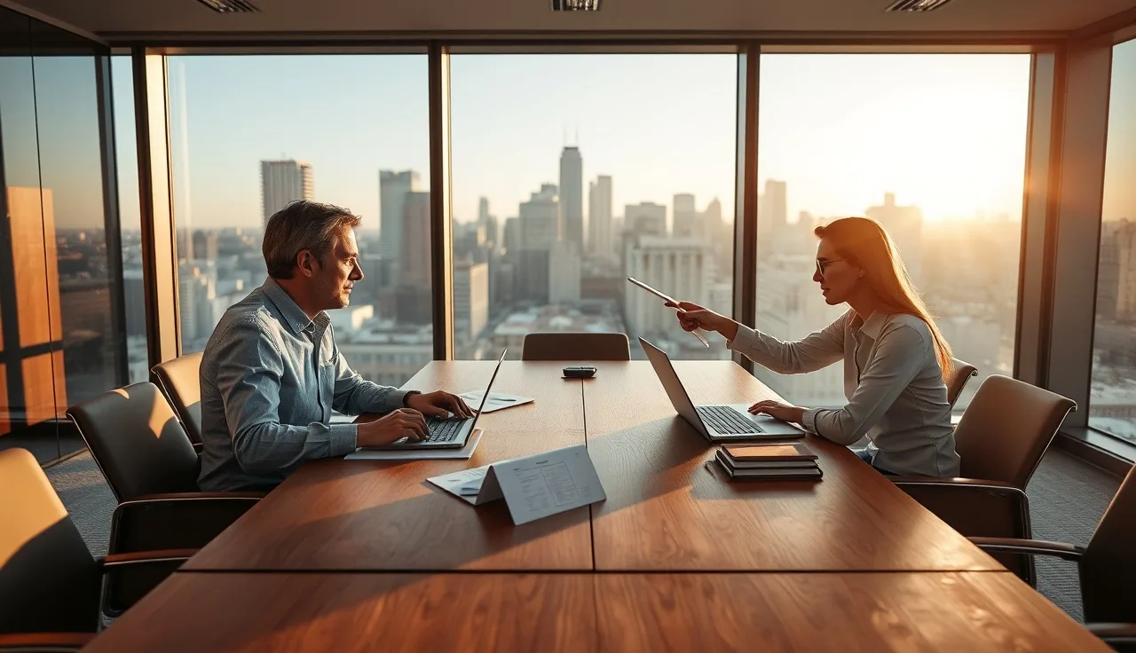 Two professionals reviewing enterprise software evaluation documents at a conference table