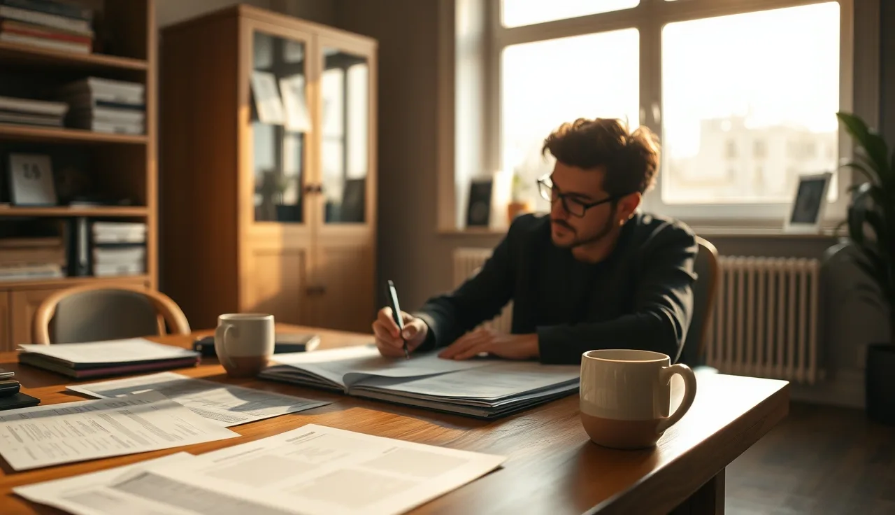 Person reviewing printed case study documents at a wooden desk in warm afternoon light
