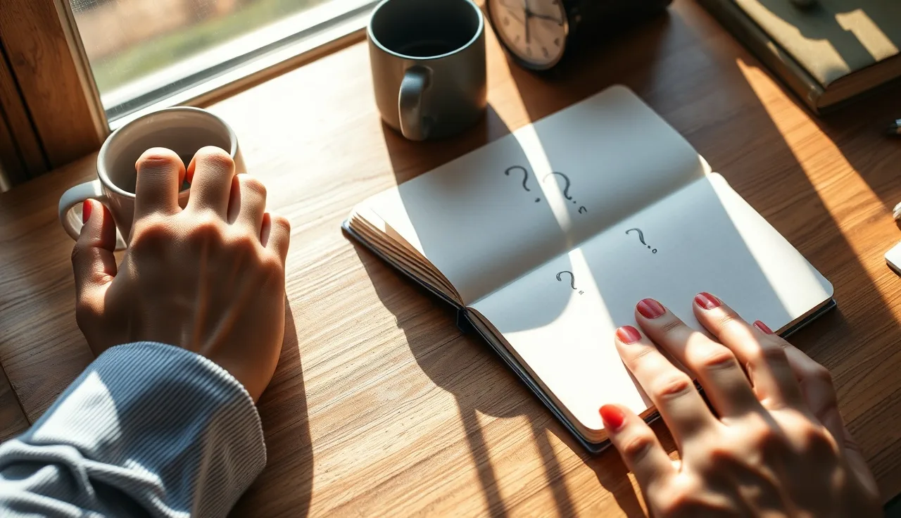Hands on a desk with a notebook showing question marks, representing AI search optimization strategy