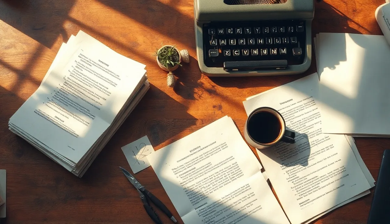 Journalist's desk with typed press release pages and coffee in morning light