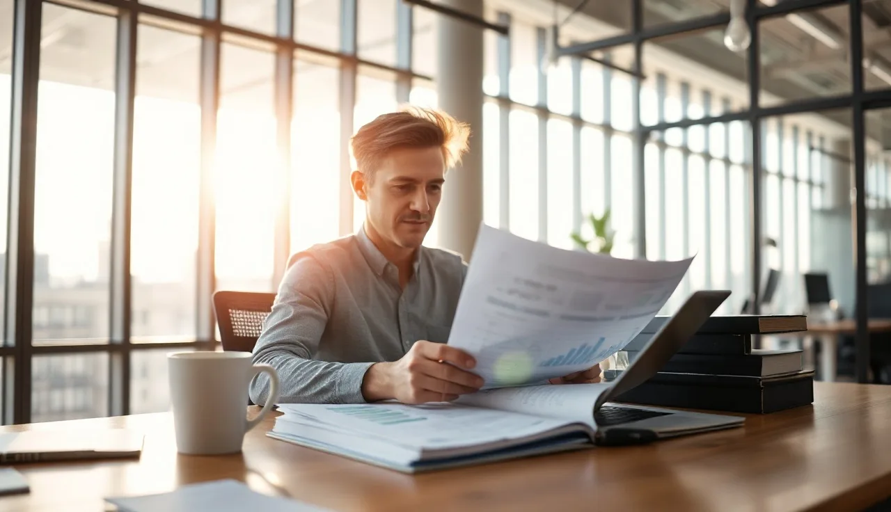 Person reviewing brand mention tracking reports at a desk in morning light