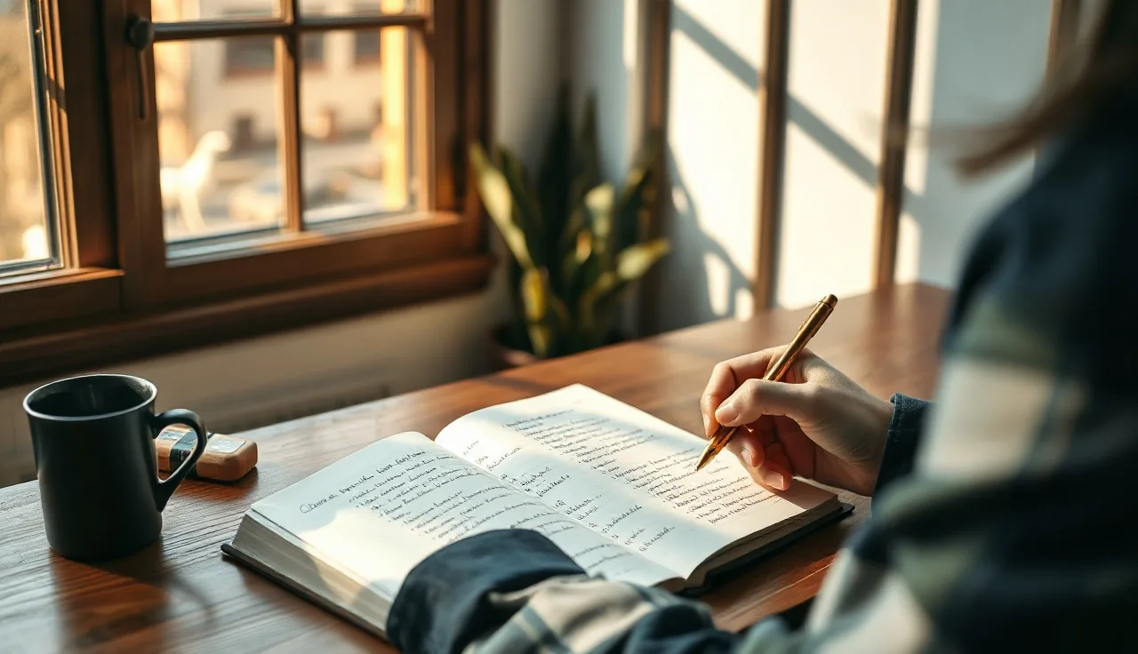 Person writing structured questions and answers in a notebook at a sunlit wooden desk