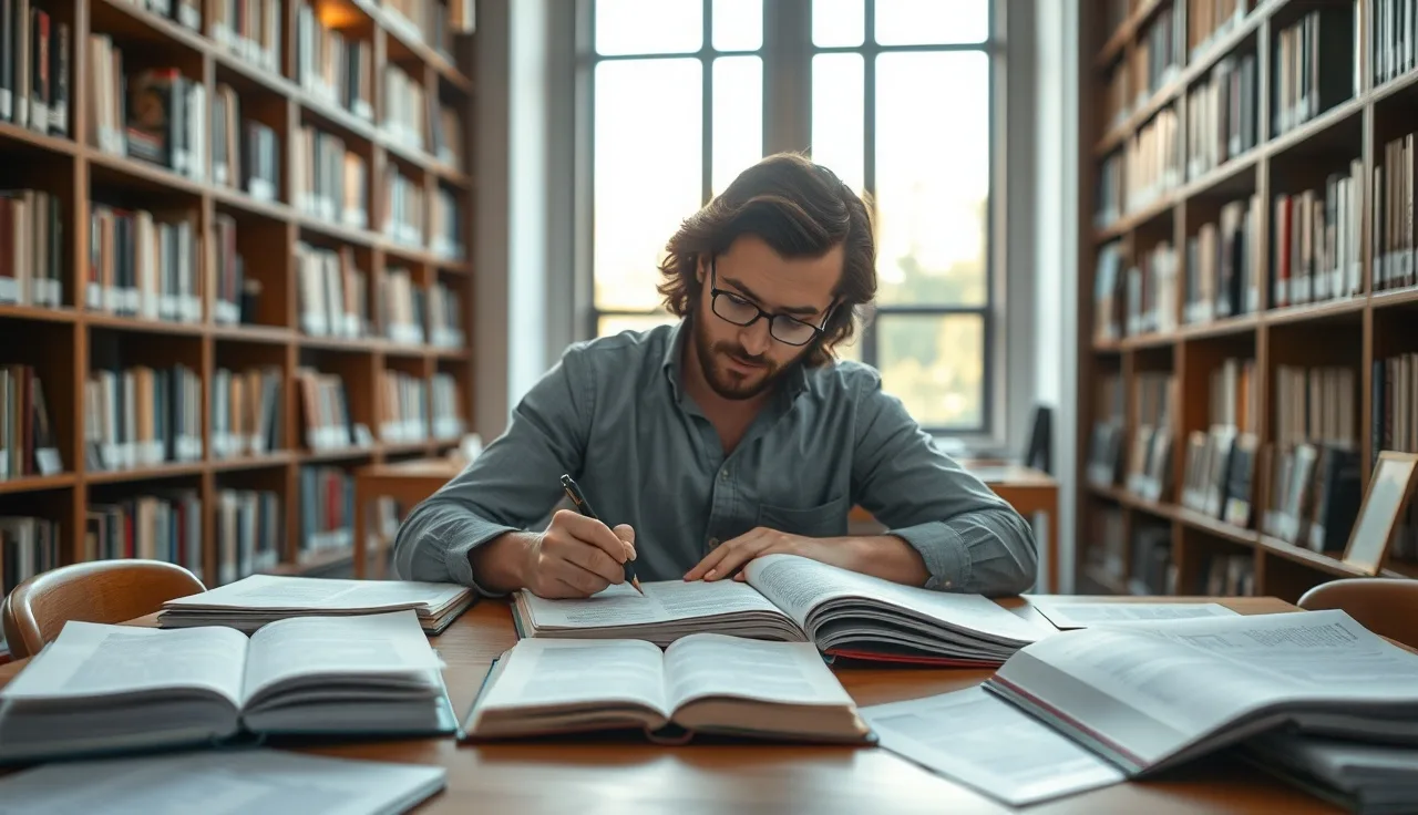 Researcher annotating printed papers at a wooden desk in a library