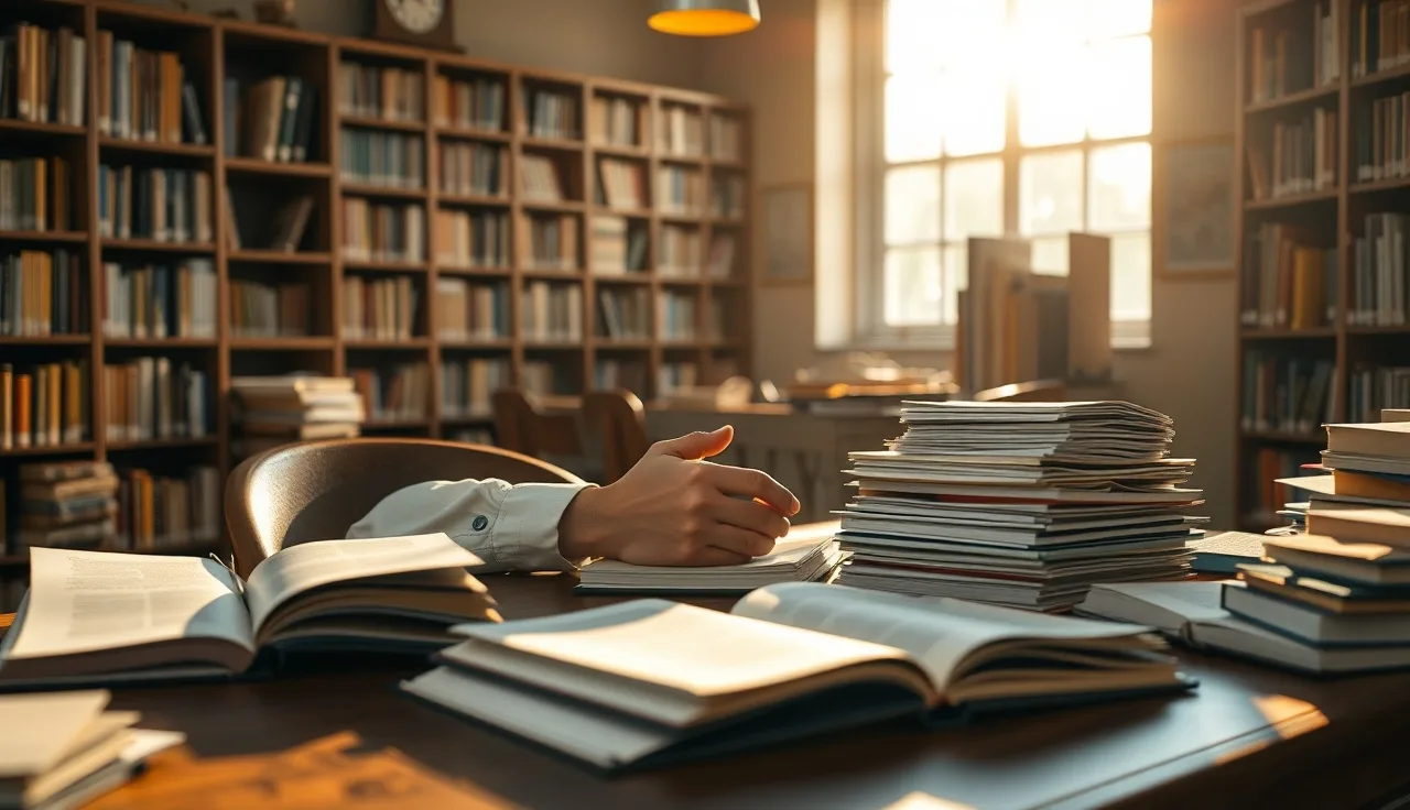 Researcher at a desk surrounded by documents, representing AI training data influence on brand recommendations