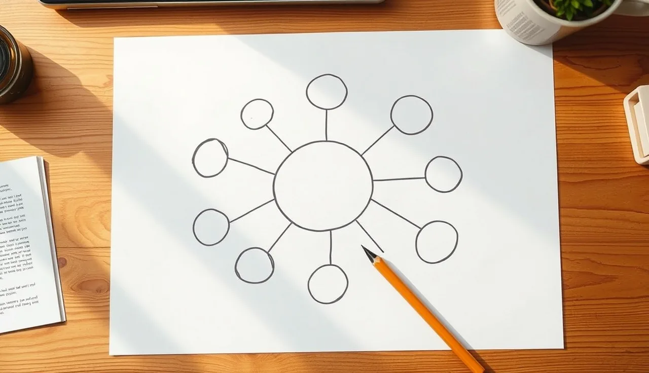 Hand-drawn hub and spoke diagram on paper showing content cluster architecture