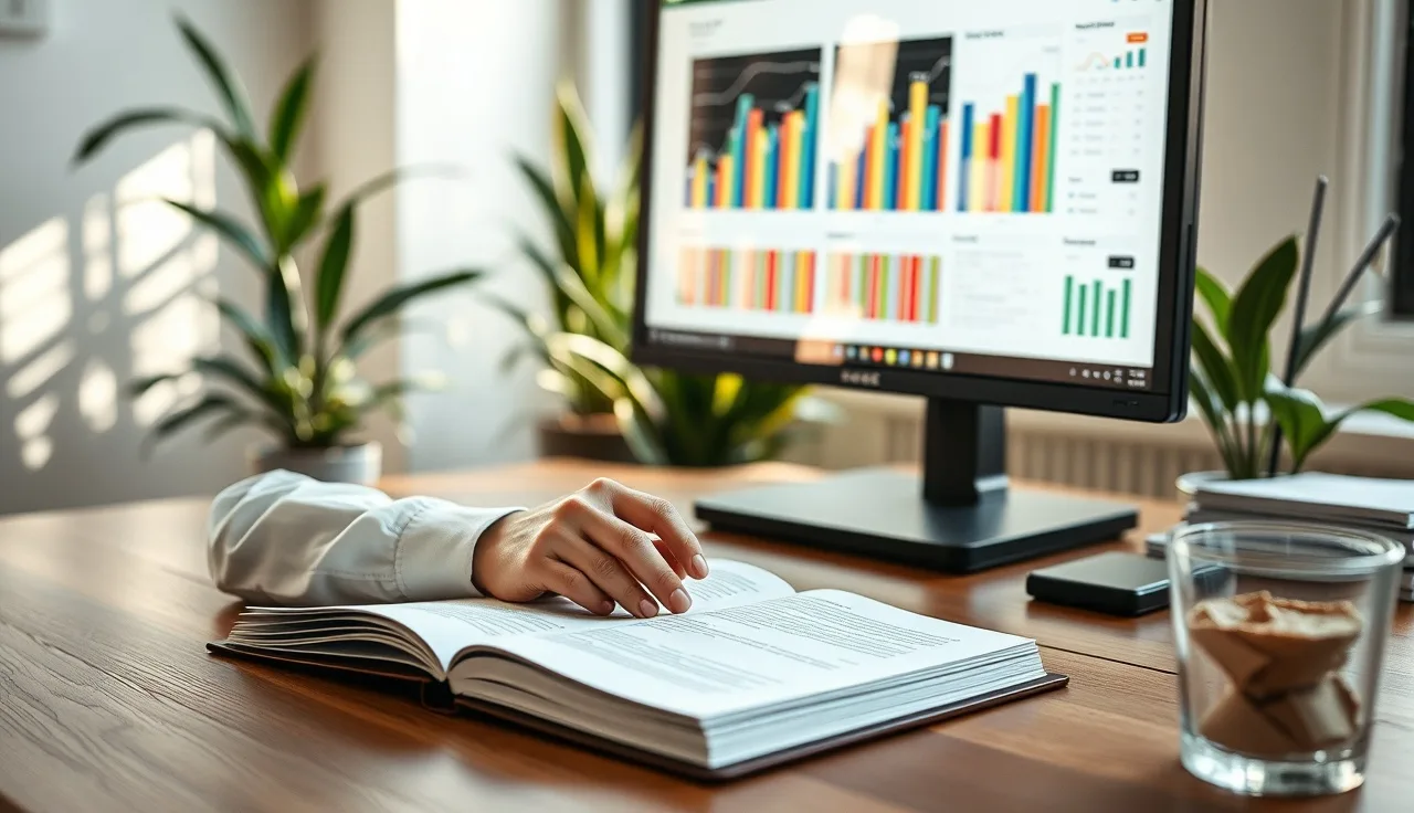 Analyst reviewing AI brand recommendation data on monitor at morning desk