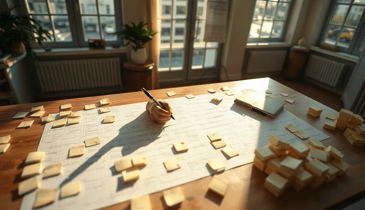 Person mapping content clusters on a paper grid table for generative engine optimization