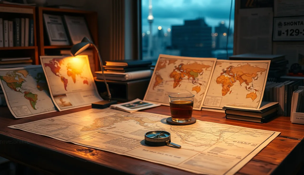 Wooden desk with world maps and compass representing international brand strategy