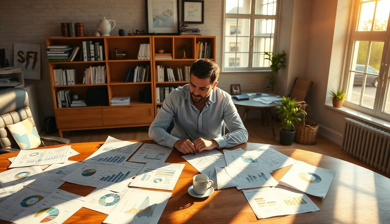 Marketing professional reviewing AI visibility data charts at a sunlit wooden desk