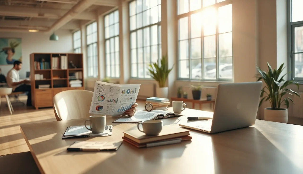 Marketing analyst reviewing AI search visibility reports at a sunlit office desk