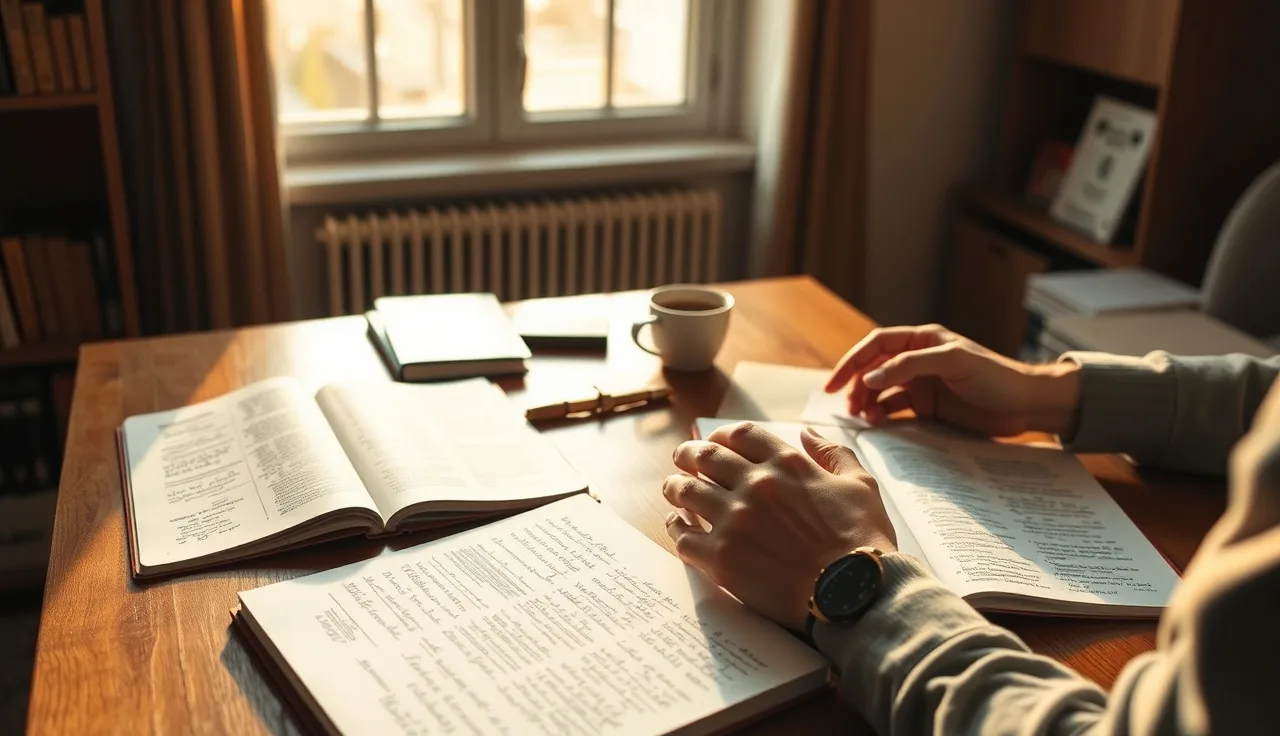 Person reviewing annotated research pages at a desk, studying AI search visibility signals