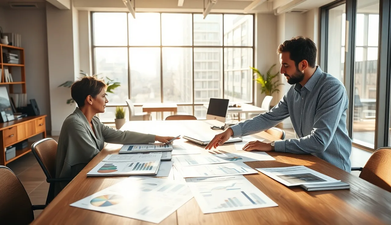Two marketing professionals reviewing printed AI search strategy charts at a wooden table