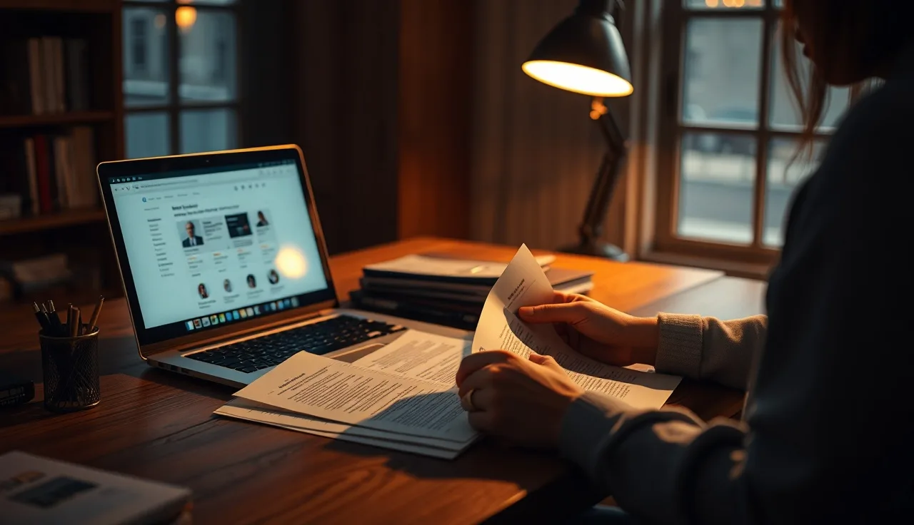 Researcher reviewing AI search citation documents at a desk in warm light