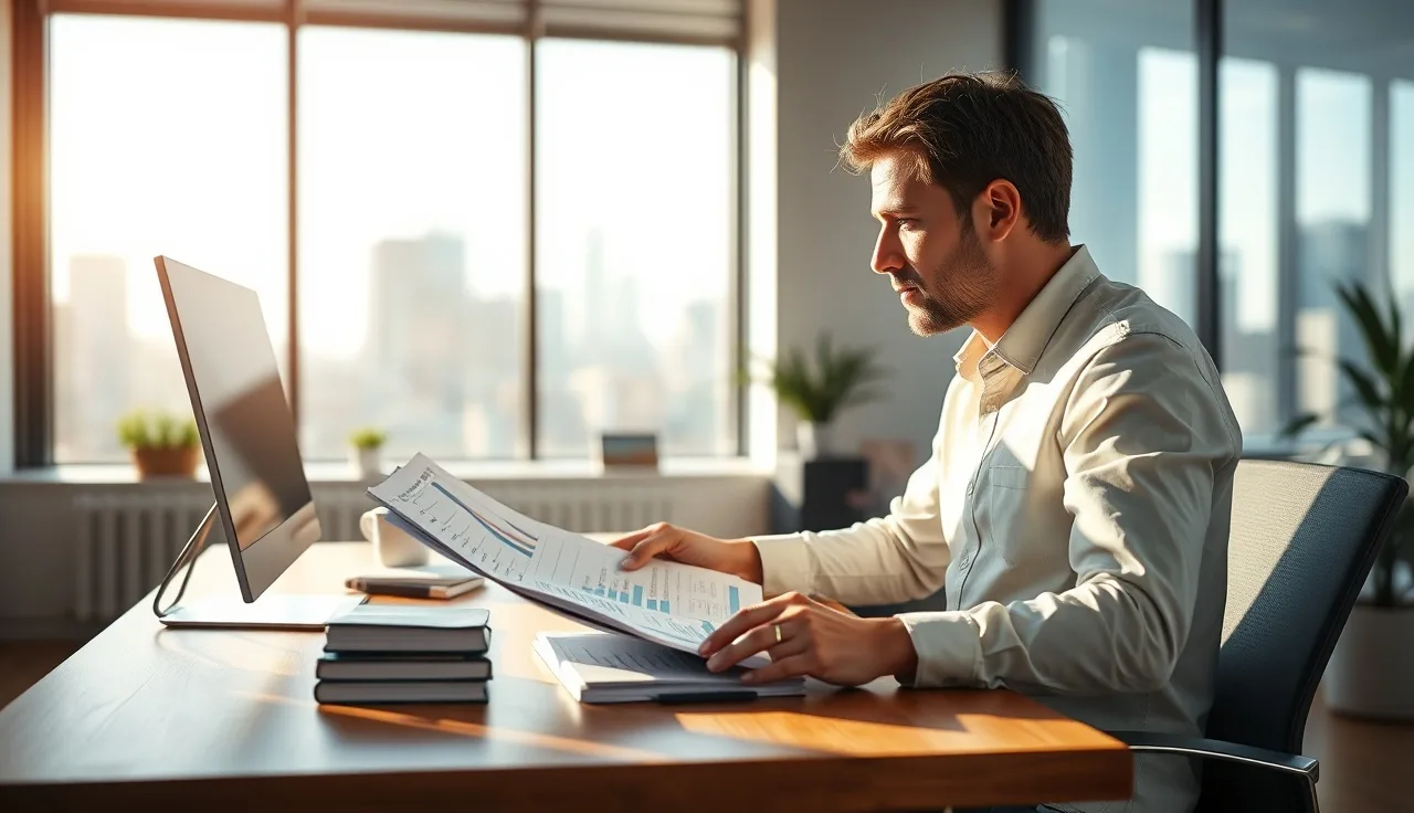 Marketing consultant reviewing AI search citation data charts at a bright office desk