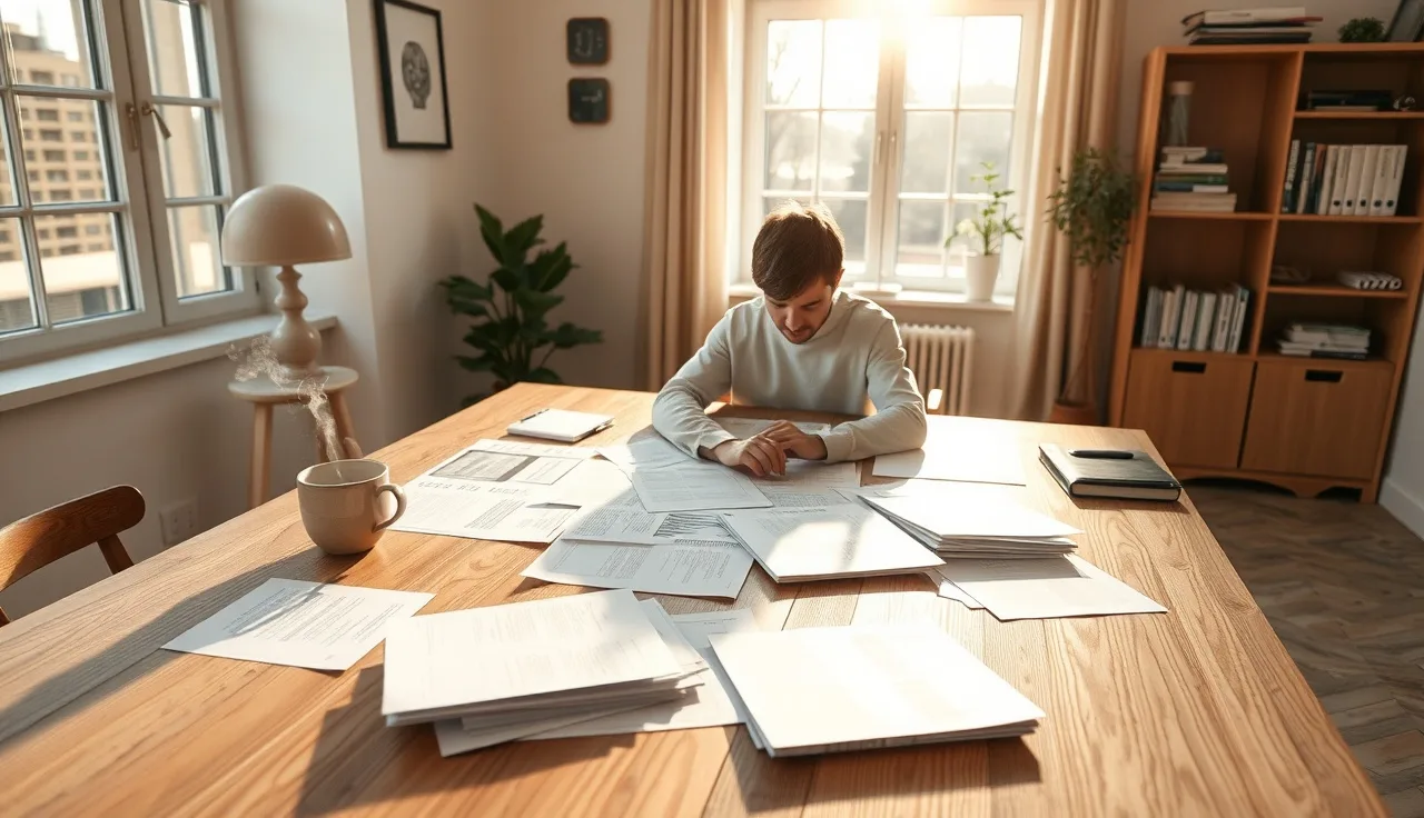 Person reviewing printed documents at a home office desk, natural light, LLM SEO strategy work