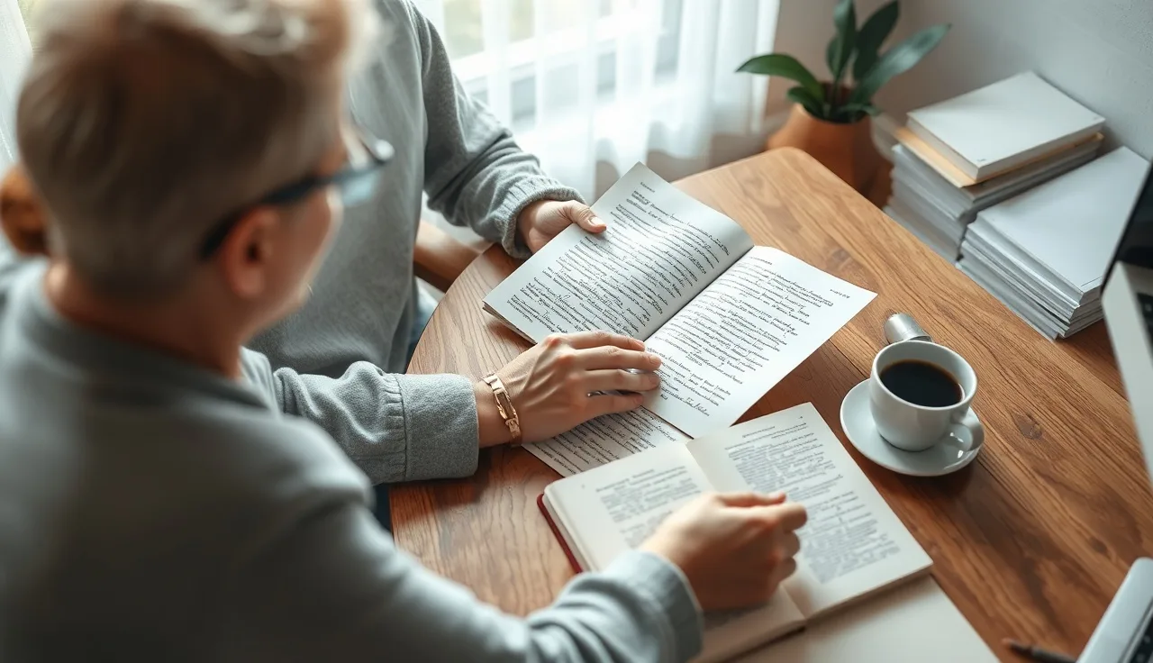 Person annotating printed research pages at a wooden desk with morning light and a coffee cup