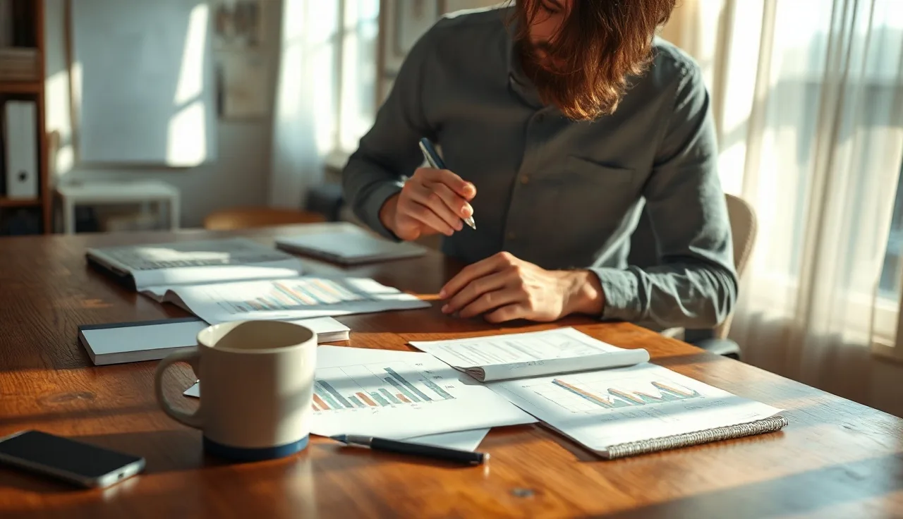 Person reviewing printed AI search analysis documents at a sunlit desk