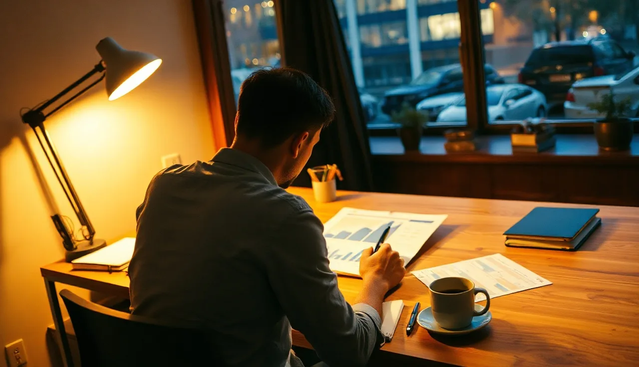 Person reviewing printed LLM SEO report charts at a desk under warm lamp light