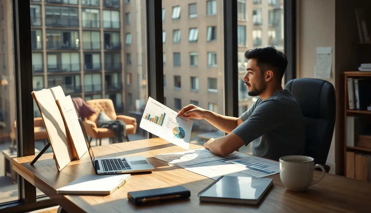 Marketing strategist reviewing AI search analytics charts at a wooden desk