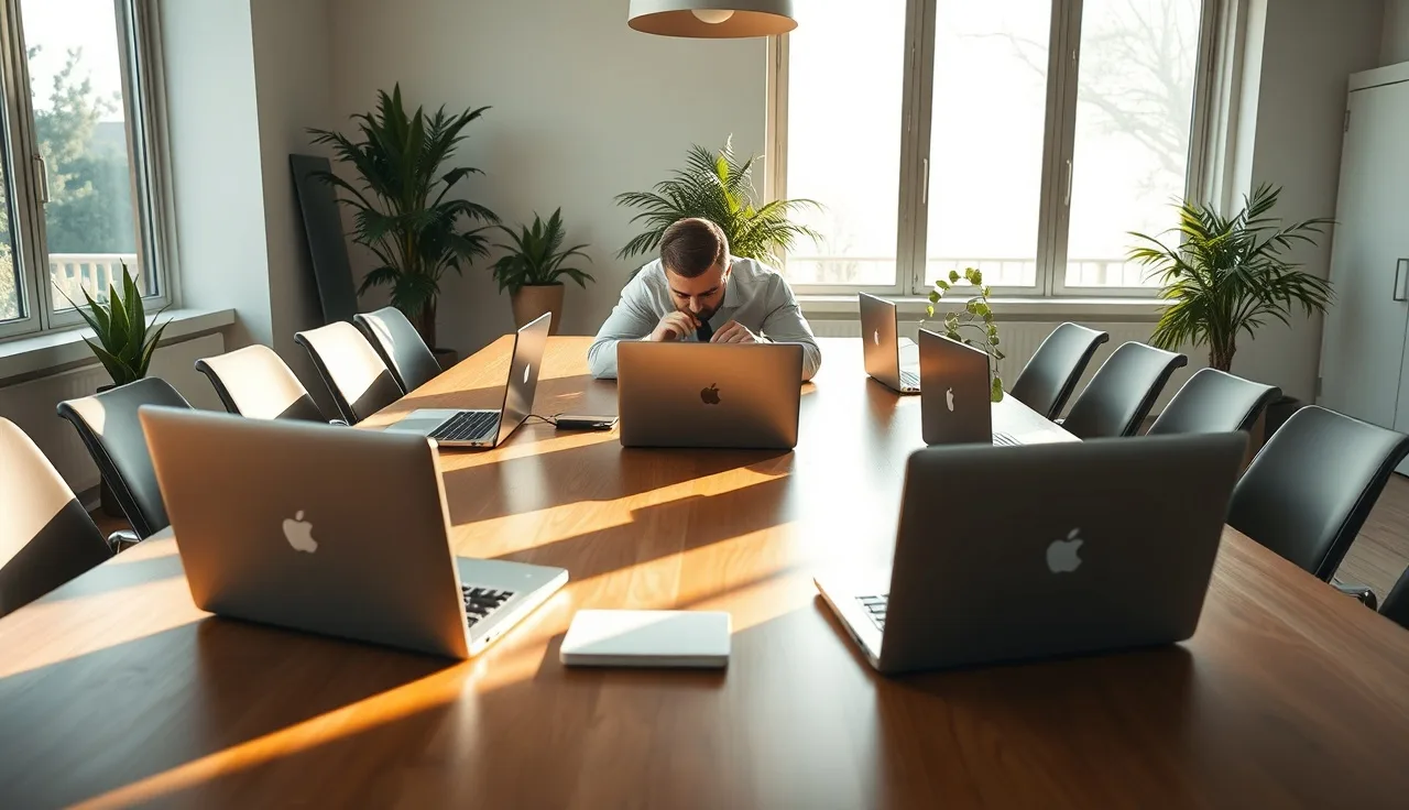 Professional reviewing multiple open laptops on a conference table while optimizing LLM SEO strategy
