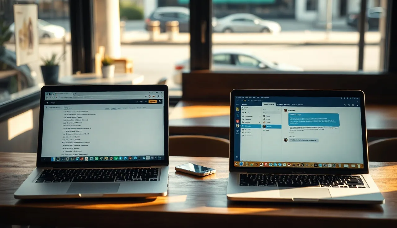 Two laptops side by side contrasting traditional search results and AI chat interface