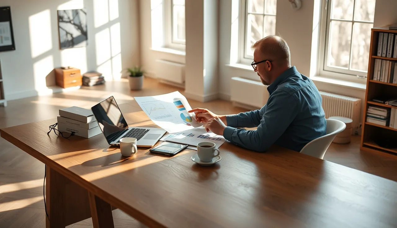 Marketing analyst reviewing AI search visibility charts at a sunlit office desk
