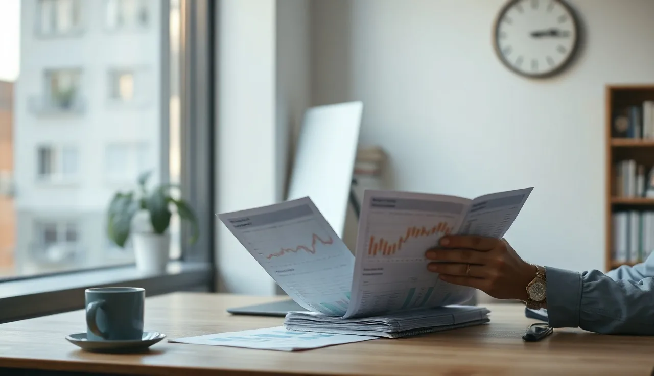 Marketing analyst reviewing AI search optimization data reports at a desk