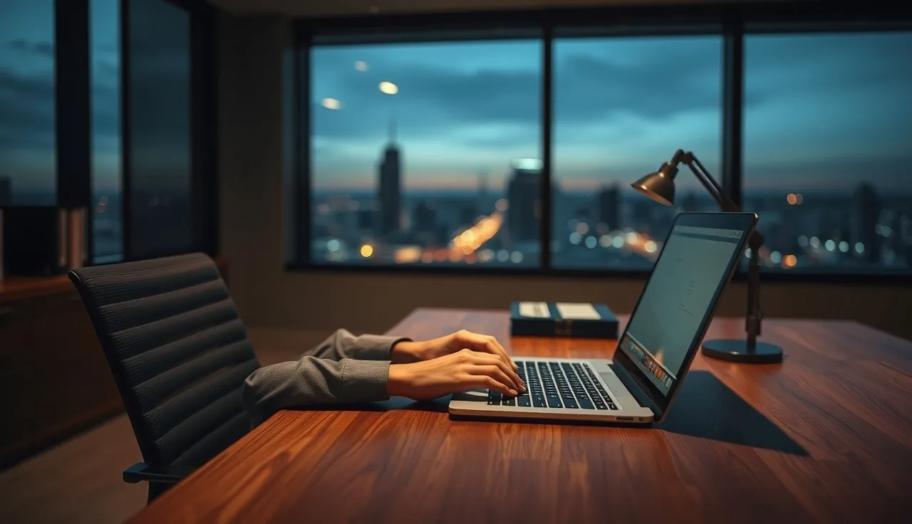 Person at a desk watching an autonomous AI agent complete a task on a laptop screen
