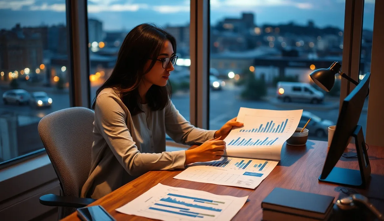 Marketing analyst reviewing AI visibility data charts at a desk at dusk