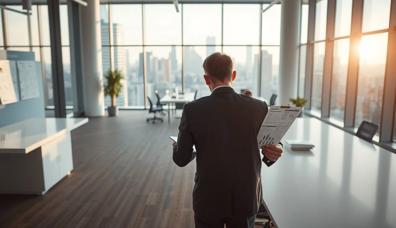 Marketing professional reviewing AI search visibility reports at a desk in a modern office