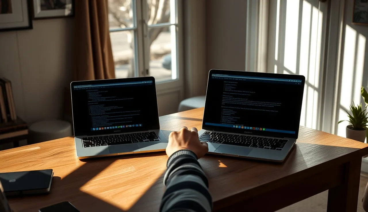 Two laptops on a desk showing different AI search result depths side by side