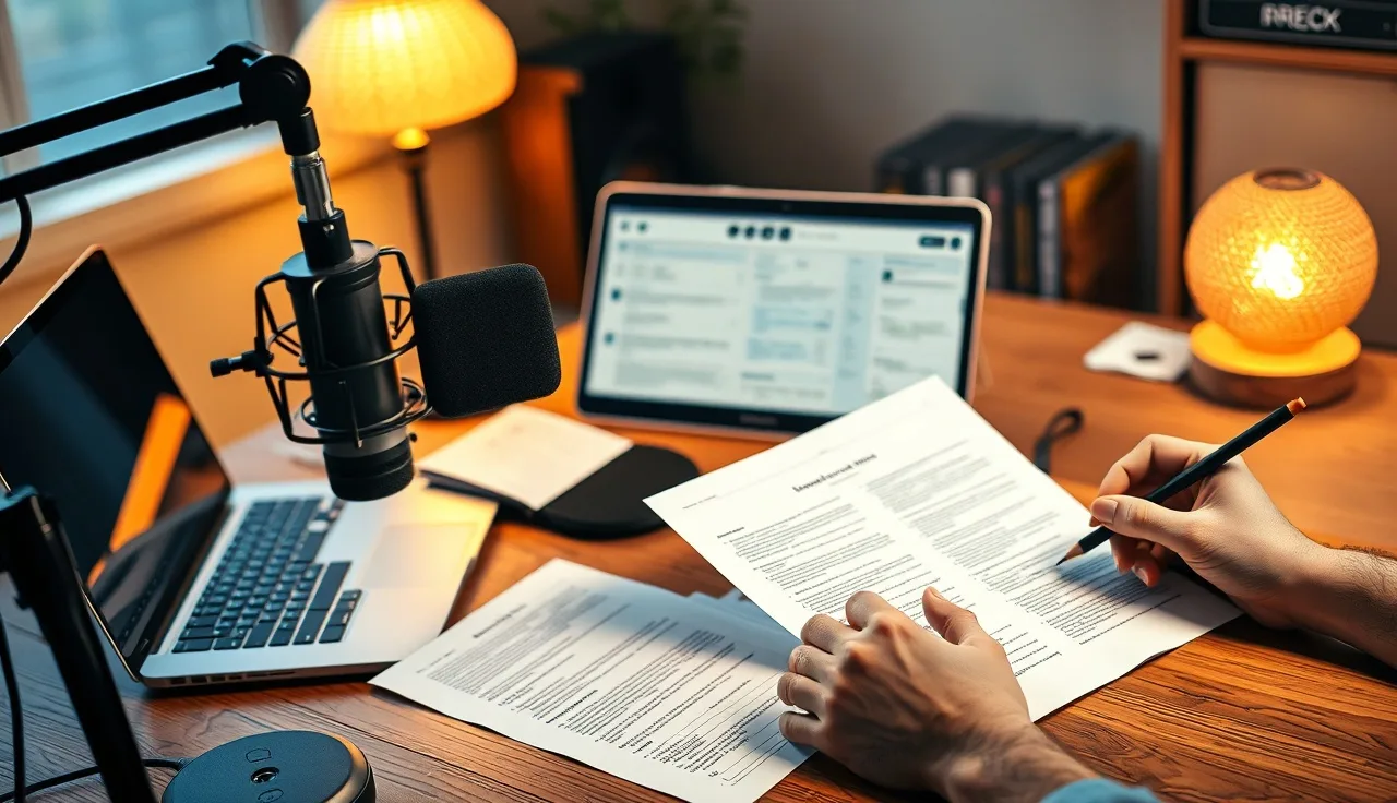 Podcast microphone beside an edited transcript on a wooden desk
