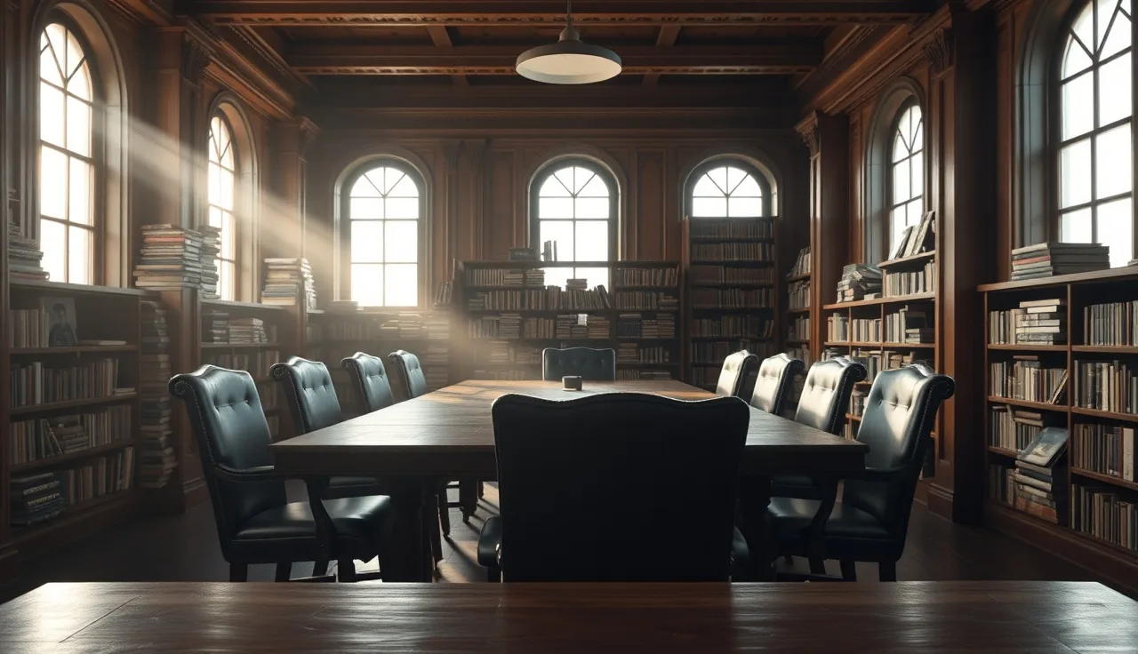 Empty law library with afternoon light across a wooden table and bookshelves