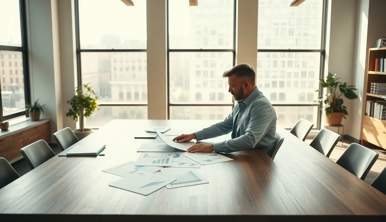 Marketing leader reviewing AI search visibility charts at a sunlit office desk