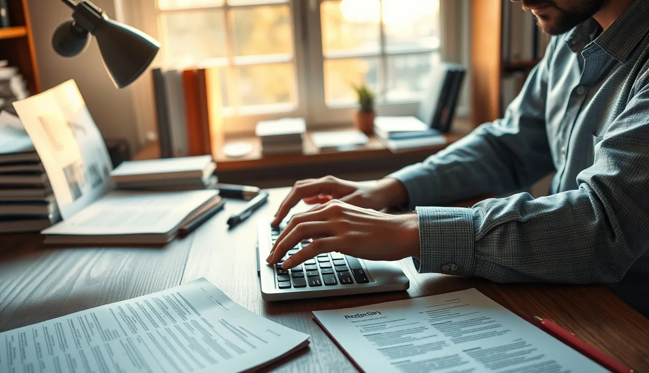 Researcher at desk reviewing printed papers related to LLM search optimization