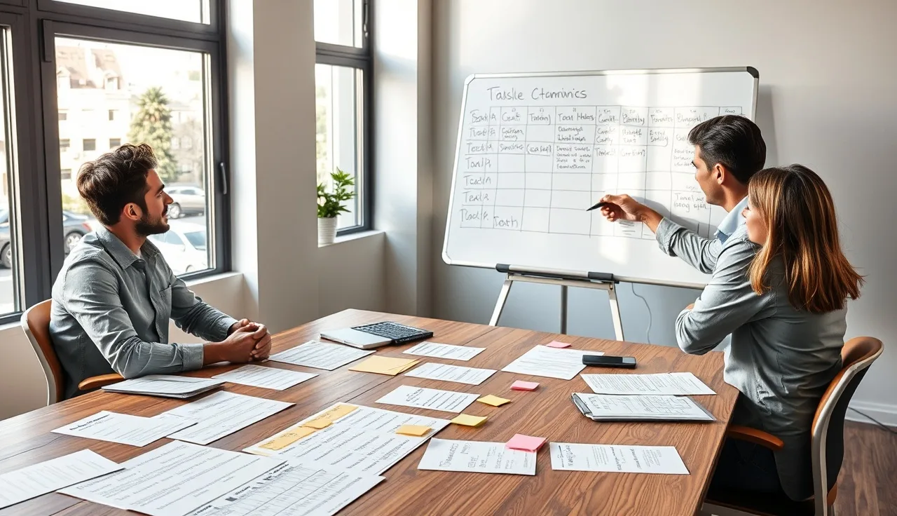 Team reviewing printed project timelines at a conference table in natural light