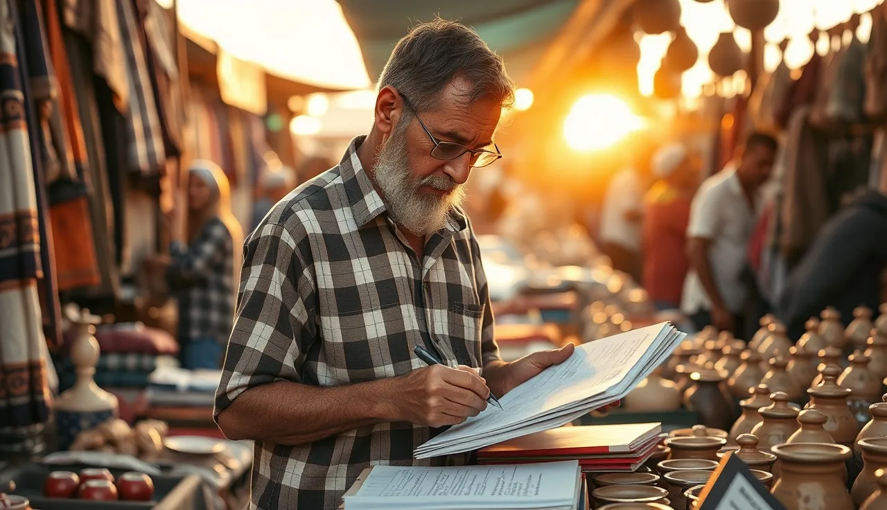 Market vendor reviewing records at outdoor bazaar, regional small business scene