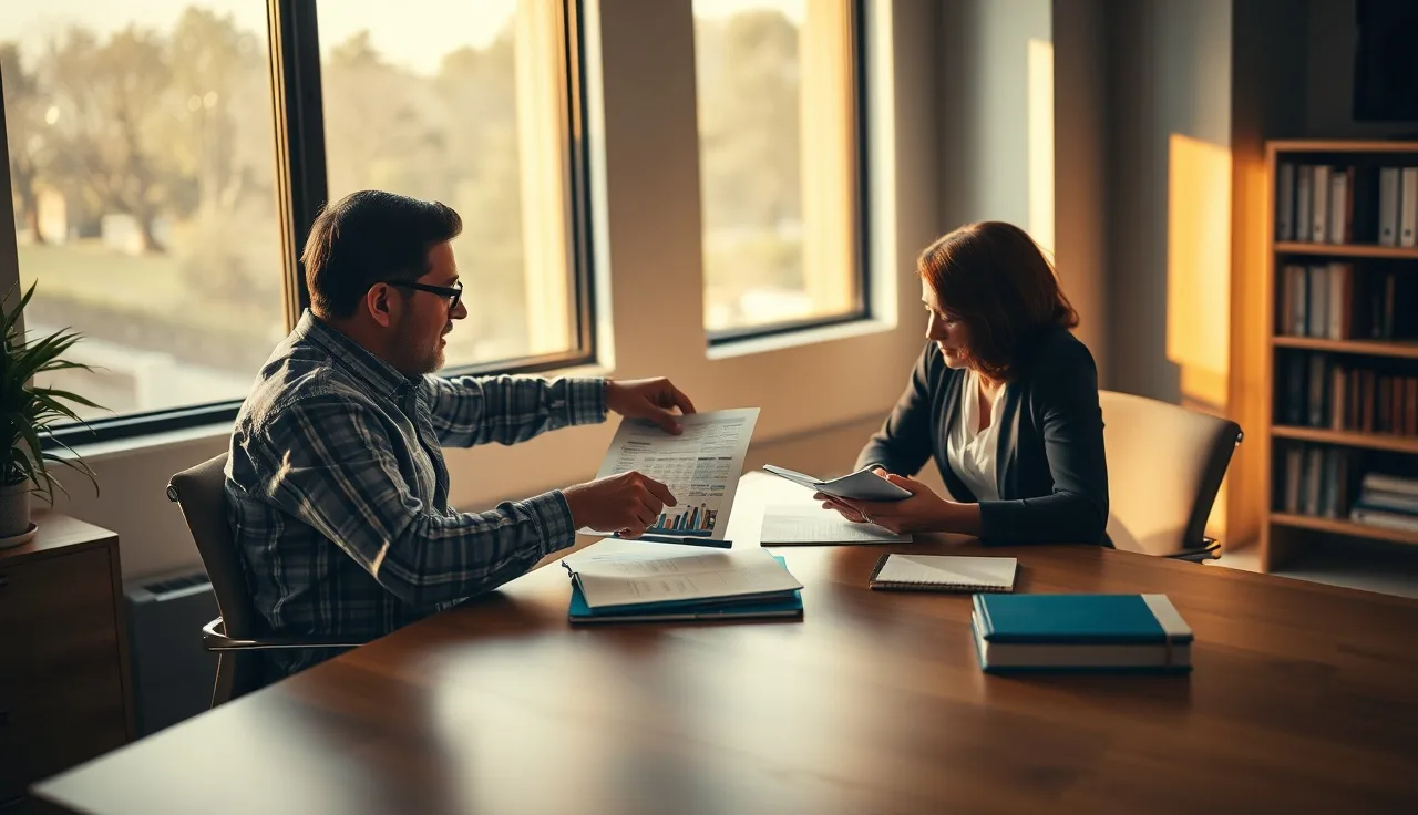 Two people studying a printed spreadsheet at a wooden desk analyzing competitor strategy