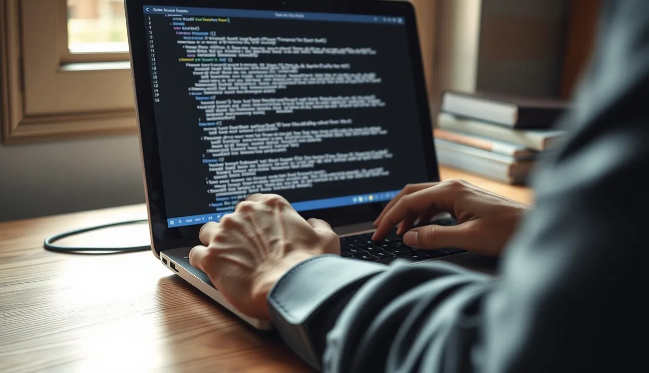 Developer hands typing robots.txt configuration on a laptop at a wooden desk
