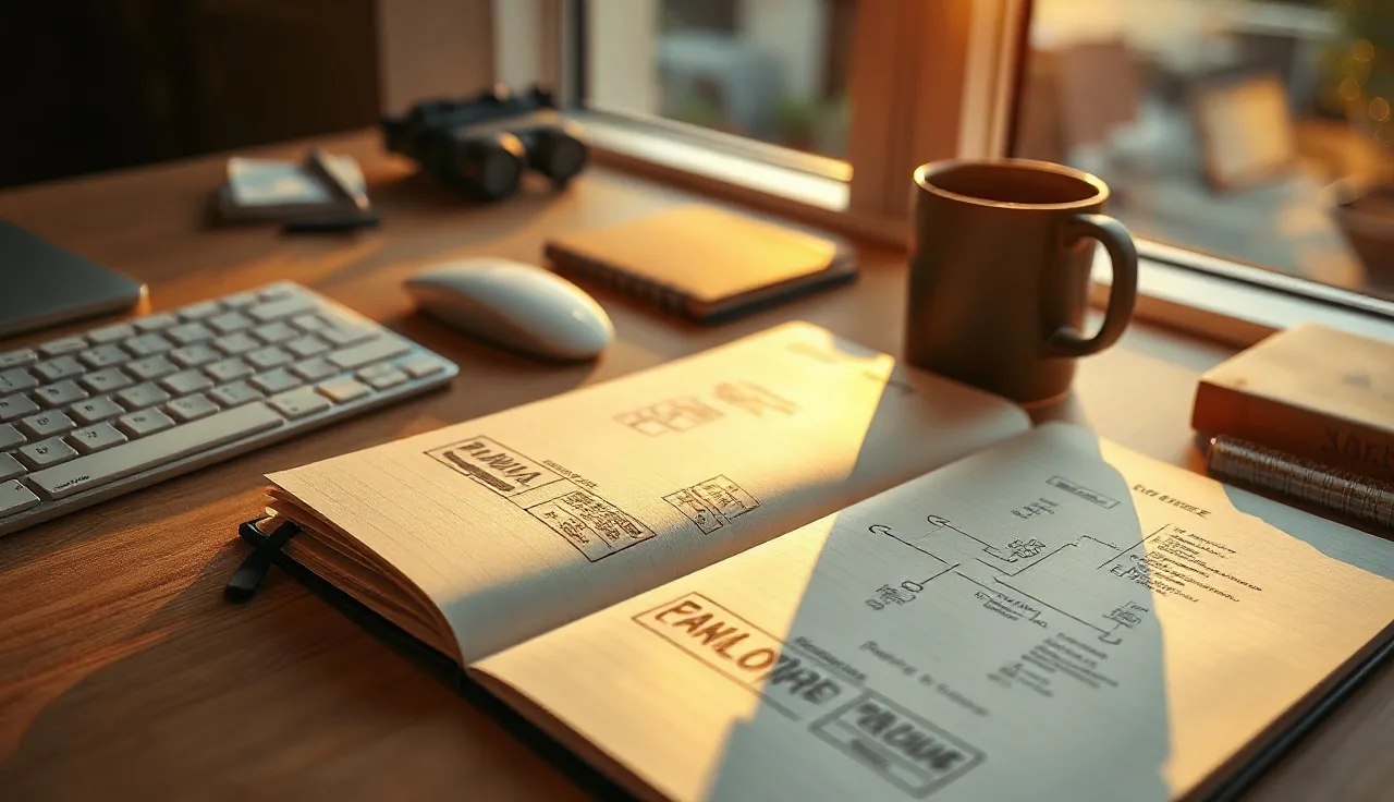 Developer desk with structured diagrams and keyboard, representing schema markup for AI search