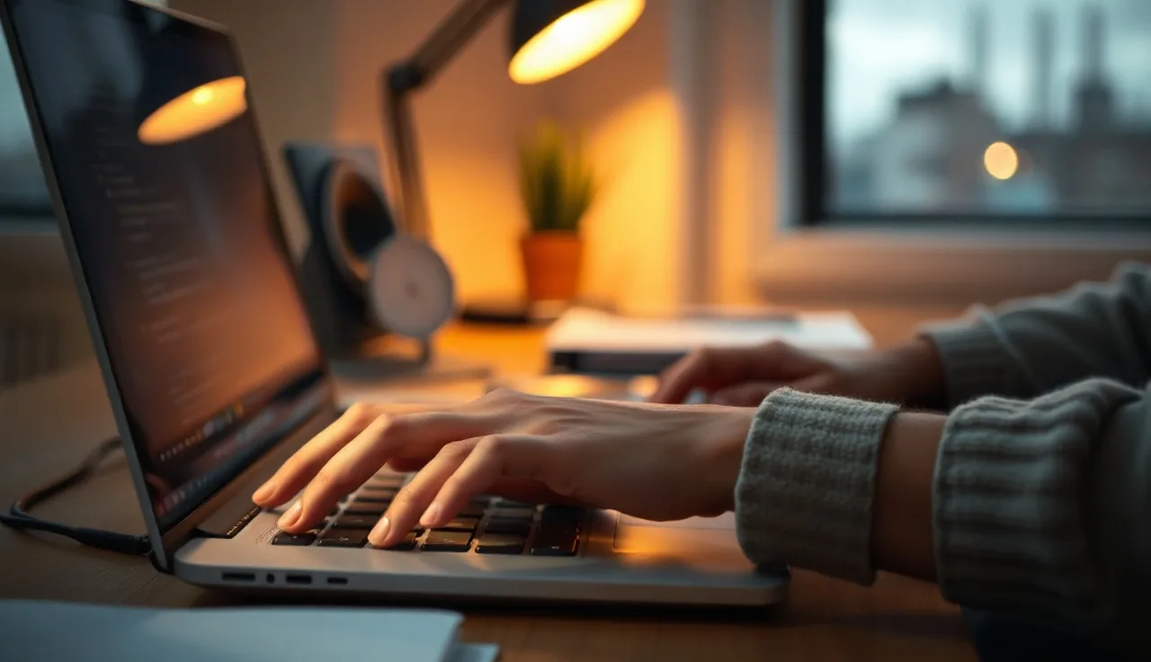 Developer hands typing code at a laptop, soft lamp light, schema markup for AI search