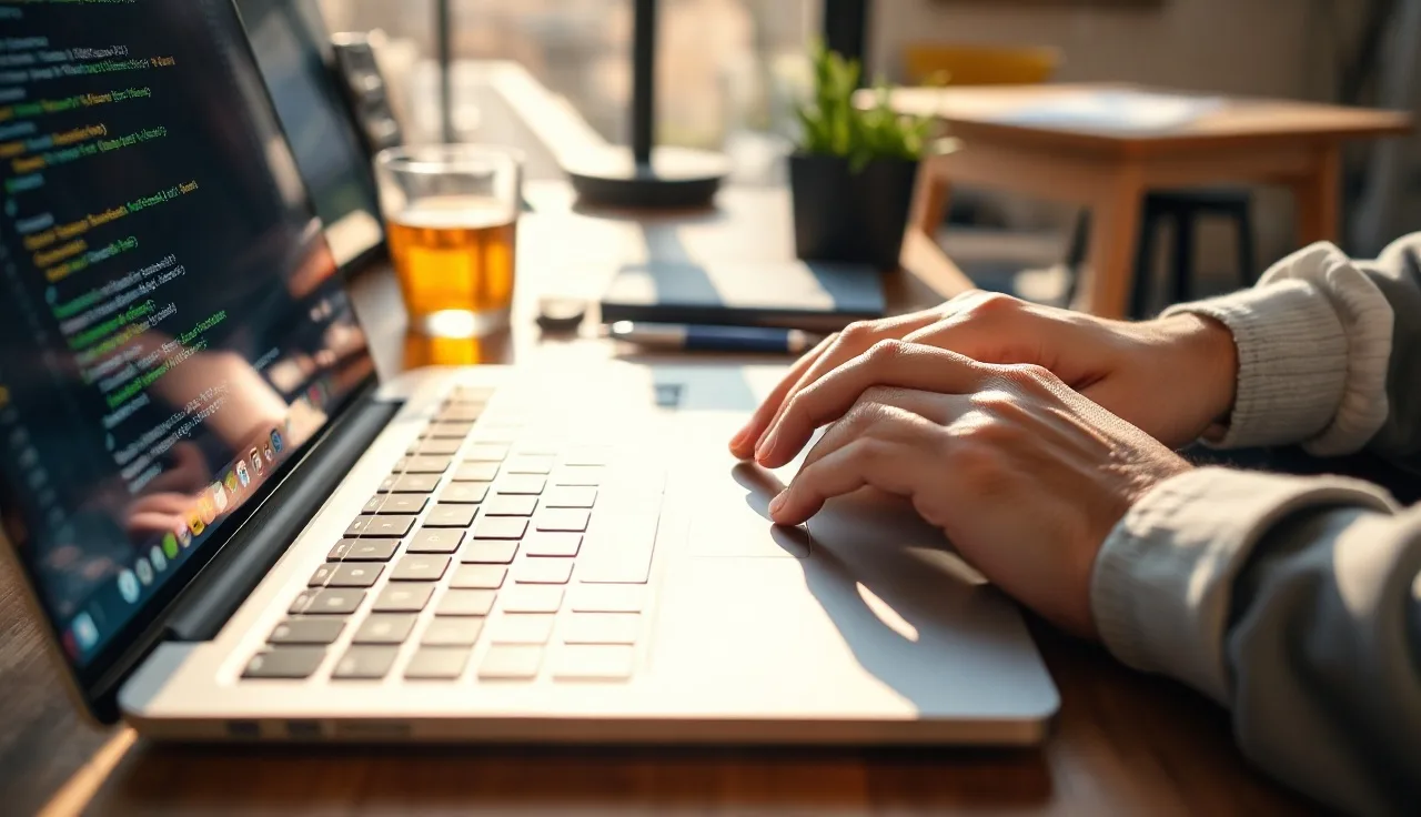 Developer's hands on a laptop keyboard with warm afternoon light, representing schema markup work